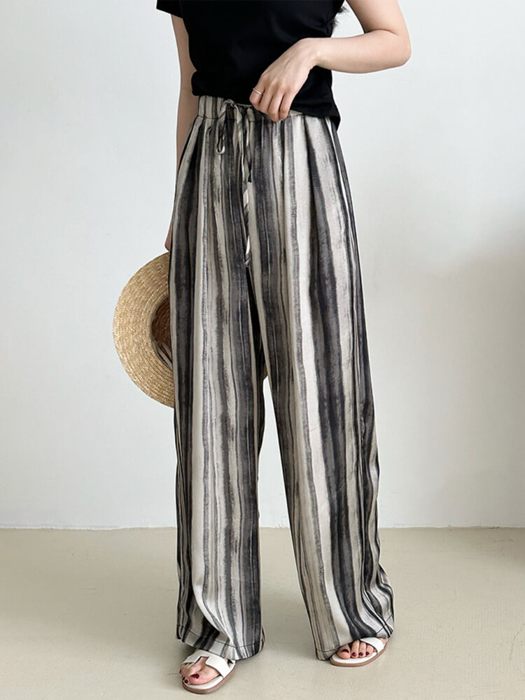 ワイドパンツ レディース 韓国 ストライプ 柄 モノトーン ゆったり ストレート ロングパンツ エレおしゃれ ロング丈 らくちん 