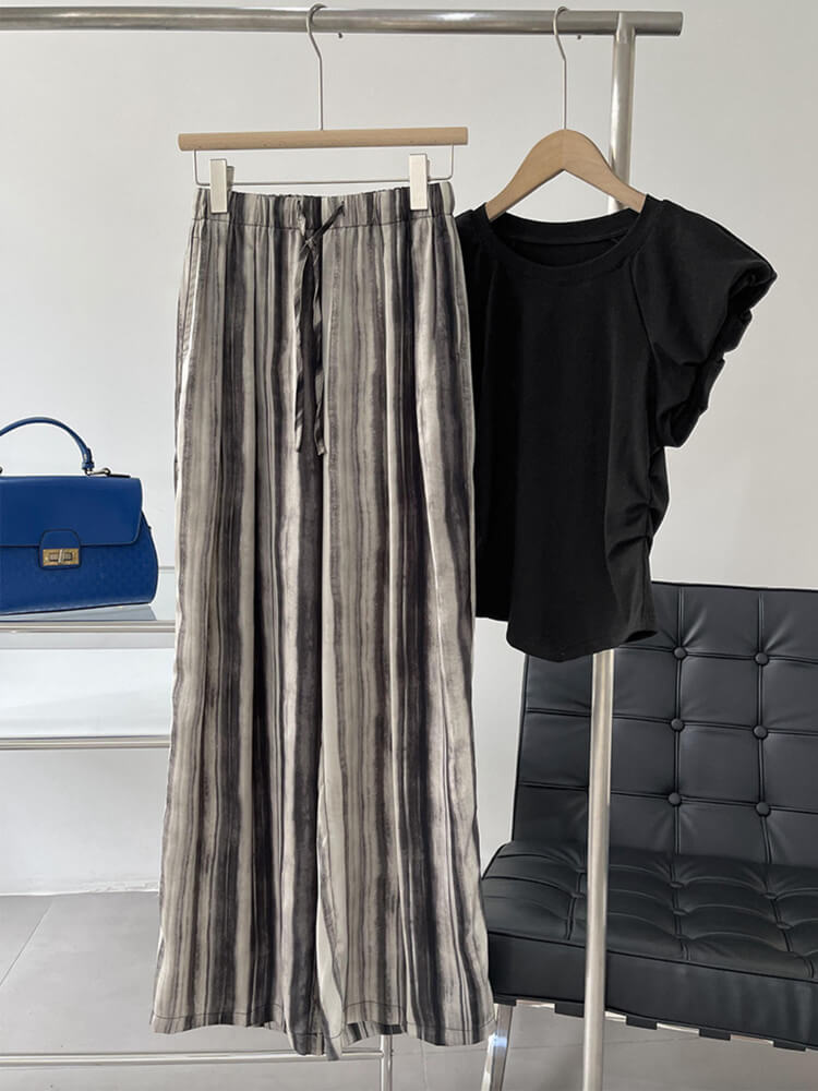 ワイドパンツ レディース 韓国 ストライプ 柄 モノトーン ゆったり ストレート ロングパンツ エレおしゃれ ロング丈 らくちん 