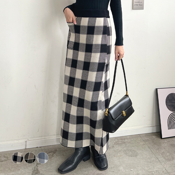 スカート レディース ニット 秋 冬 チェック カジュアル ロング シンプル 上品 韓国ファッション ロングスカート お洒落 ブロックチェック柄ニットスカート 