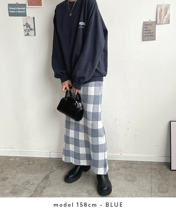 スカート レディース ニット 秋 冬 チェック カジュアル ロング シンプル 上品 韓国ファッション ロングスカート お洒落 ブロックチェック柄ニットスカート 