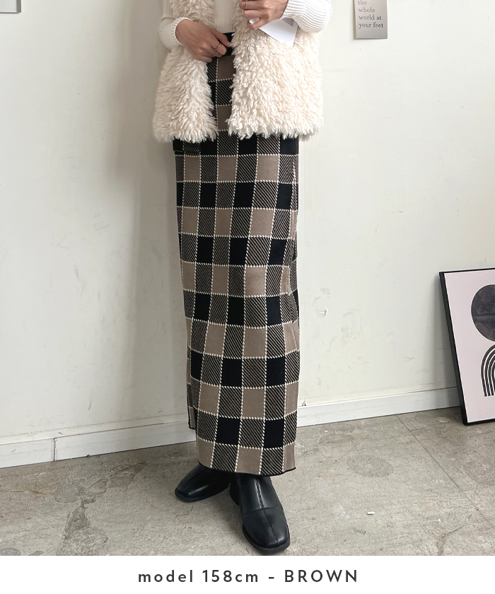 スカート レディース ニット 秋 冬 チェック カジュアル ロング シンプル 上品 韓国ファッション ロングスカート お洒落 ブロックチェック柄ニットスカート 