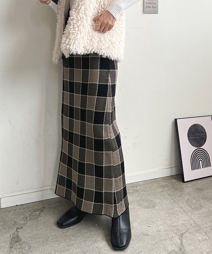 スカート レディース ニット 秋 冬 チェック カジュアル ロング シンプル 上品 韓国ファッション ロングスカート お洒落 ブロックチェック柄ニットスカート 