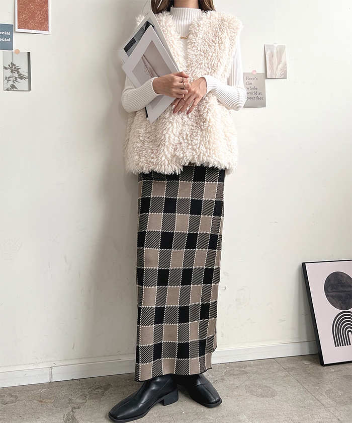 スカート レディース ニット 秋 冬 チェック カジュアル ロング シンプル 上品 韓国ファッション ロングスカート お洒落 ブロックチェック柄ニットスカート 