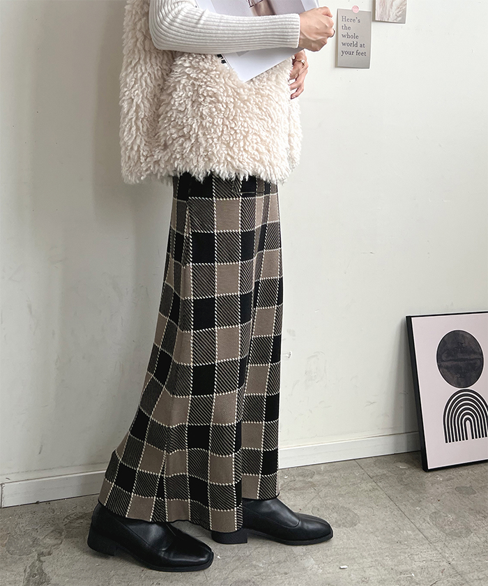 スカート レディース ニット 秋 冬 チェック カジュアル ロング シンプル 上品 韓国ファッション ロングスカート お洒落 ブロックチェック柄ニットスカート 