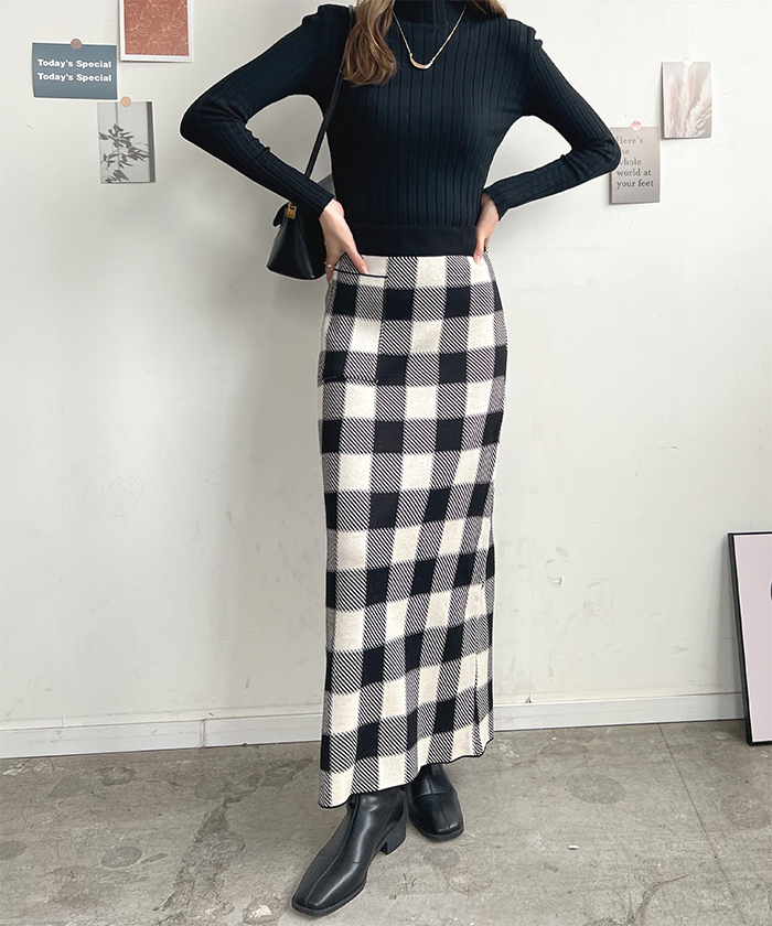 スカート レディース ニット 秋 冬 チェック カジュアル ロング シンプル 上品 韓国ファッション ロングスカート お洒落 ブロックチェック柄ニットスカート 