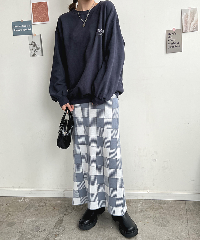 スカート レディース ニット 秋 冬 チェック カジュアル ロング シンプル 上品 韓国ファッション ロングスカート お洒落 ブロックチェック柄ニットスカート 