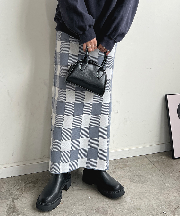 スカート レディース ニット 秋 冬 チェック カジュアル ロング シンプル 上品 韓国ファッション ロングスカート お洒落 ブロックチェック柄ニットスカート 
