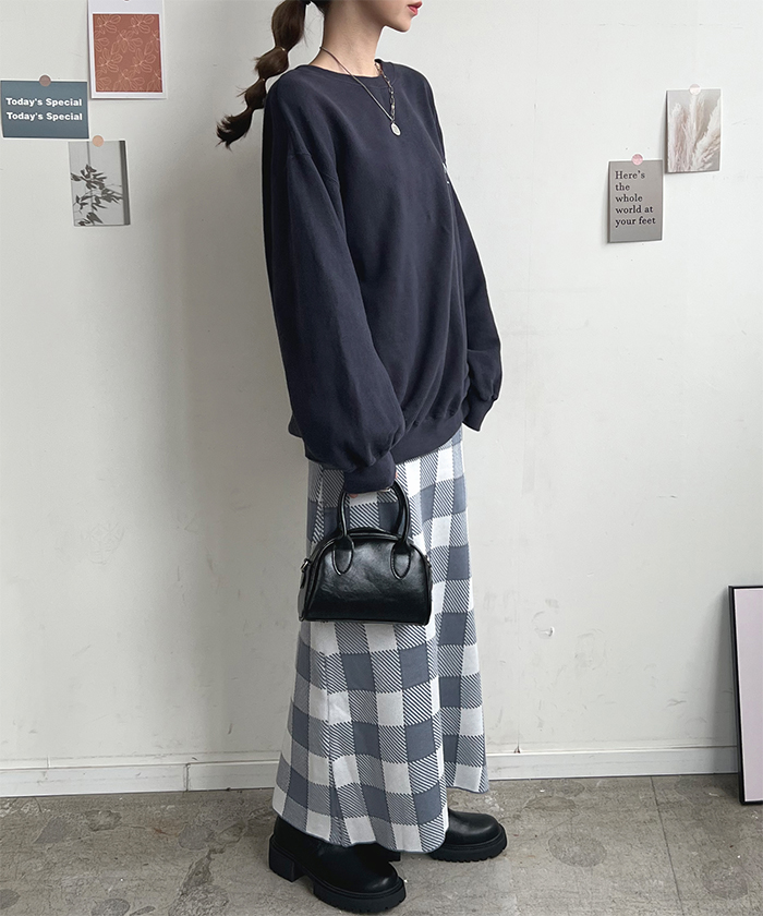 スカート レディース ニット 秋 冬 チェック カジュアル ロング シンプル 上品 韓国ファッション ロングスカート お洒落 ブロックチェック柄ニットスカート 