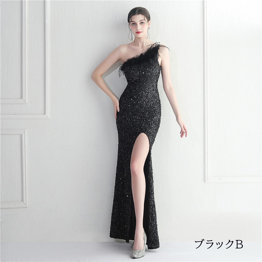 カラードレス マーメイドドレス パーティードレス ワンショルダー スリット フェザー 発表会 結婚式 ファスナー ウェディングドレス 二次会 イブニングドレス 