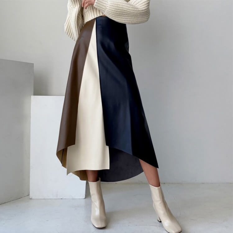 スカート レディース 韓国 レザー エコレザー フェイクレザー Aライン ミモレ丈 バイアシンメトエレおしゃれ スリット 
