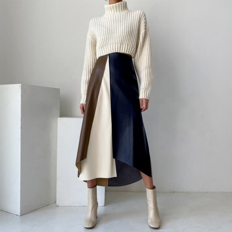 スカート レディース 韓国 レザー エコレザー フェイクレザー Aライン ミモレ丈 バイアシンメトエレおしゃれ スリット 