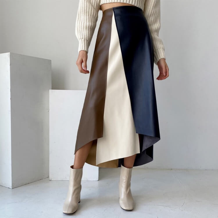 スカート レディース 韓国 レザー エコレザー フェイクレザー Aライン ミモレ丈 バイアシンメトエレおしゃれ スリット 