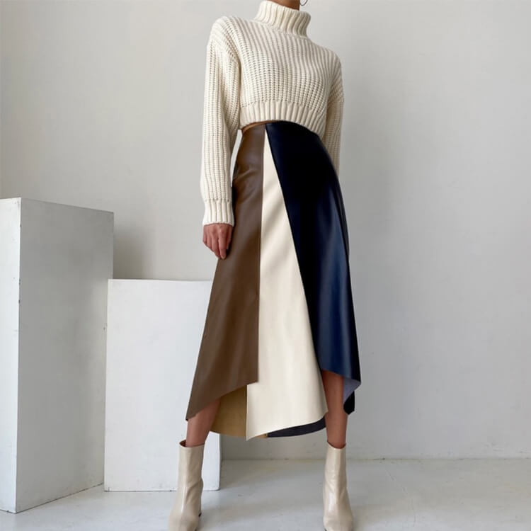 スカート レディース 韓国 レザー エコレザー フェイクレザー Aライン ミモレ丈 バイアシンメトエレおしゃれ スリット 