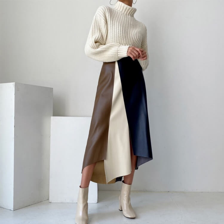 スカート レディース 韓国 レザー エコレザー フェイクレザー Aライン ミモレ丈 バイアシンメトエレおしゃれ スリット 