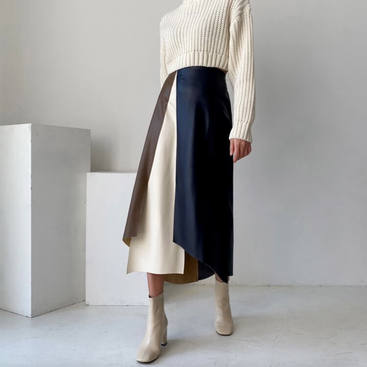 スカート レディース 韓国 レザー エコレザー フェイクレザー Aライン ミモレ丈 バイアシンメトエレおしゃれ スリット 