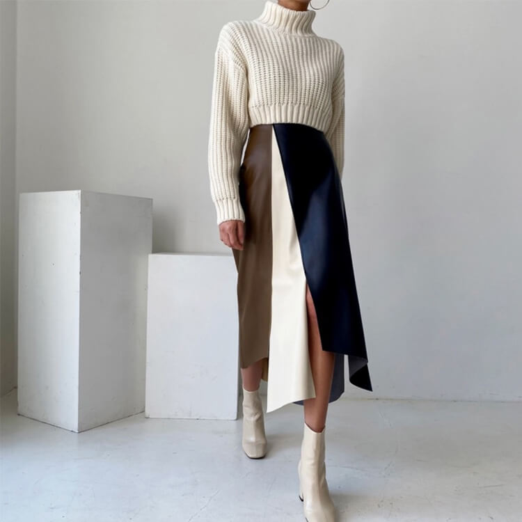 スカート レディース 韓国 レザー エコレザー フェイクレザー Aライン ミモレ丈 バイアシンメトエレおしゃれ スリット 