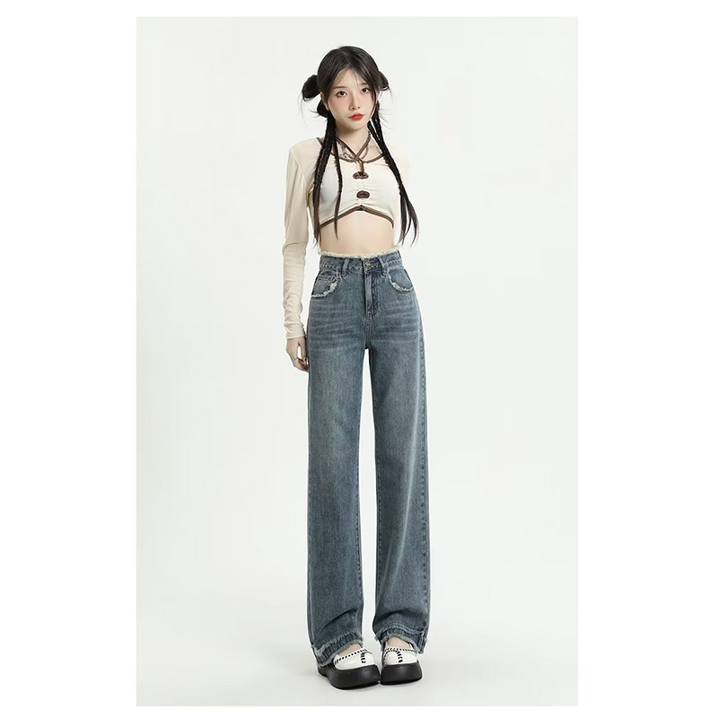 レディース デニム ストレッチ ジーンズ ハイウエスト ロング丈 シンプル ボ秋服 秋 カジュアル 