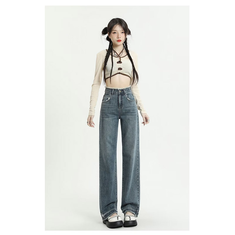 レディース デニム ストレッチ ジーンズ ハイウエスト ロング丈 シンプル ボ秋服 秋 カジュアル 