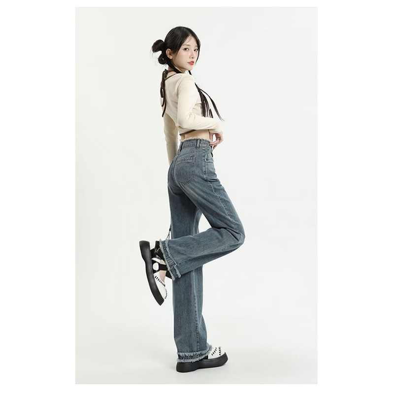 レディース デニム ストレッチ ジーンズ ハイウエスト ロング丈 シンプル ボ秋服 秋 カジュアル 