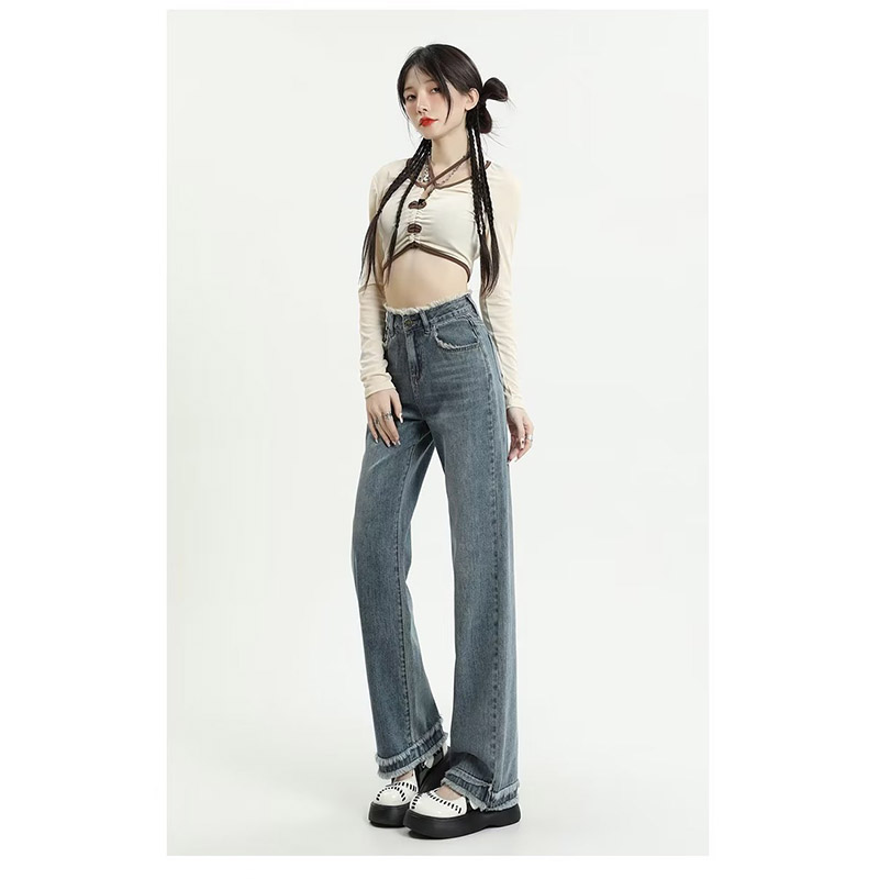レディース デニム ストレッチ ジーンズ ハイウエスト ロング丈 シンプル ボ秋服 秋 カジュアル 