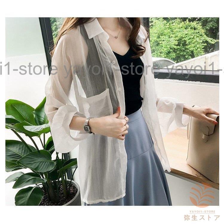 ブラウス シャツ レディース トップス 長袖 ストライプ 胸ポケット スタンドボタン ミディアム丈 ゆる ドルマンスリーブ シースルー 透け感 