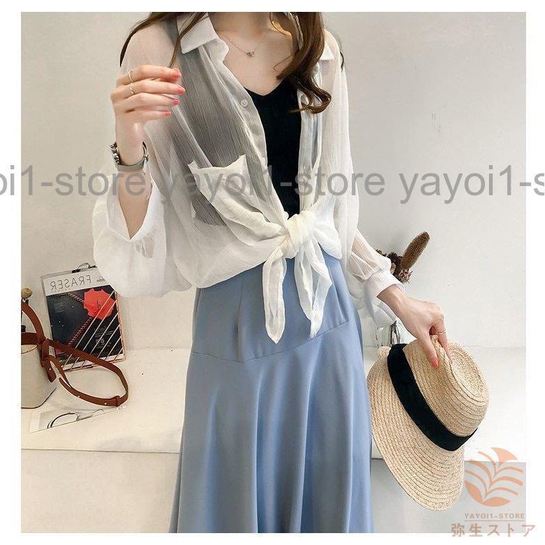 ブラウス シャツ レディース トップス 長袖 ストライプ 胸ポケット スタンドボタン ミディアム丈 ゆる ドルマンスリーブ シースルー 透け感 