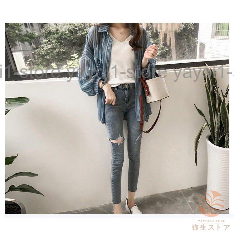 ブラウス シャツ レディース トップス 長袖 ストライプ 胸ポケット スタンドボタン ミディアム丈 ゆる ドルマンスリーブ シースルー 透け感 