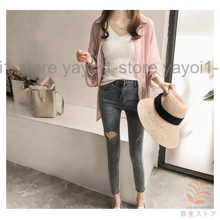 ブラウス シャツ レディース トップス 長袖 ストライプ 胸ポケット スタンドボタン ミディアム丈 ゆる ドルマンスリーブ シースルー 透け感 