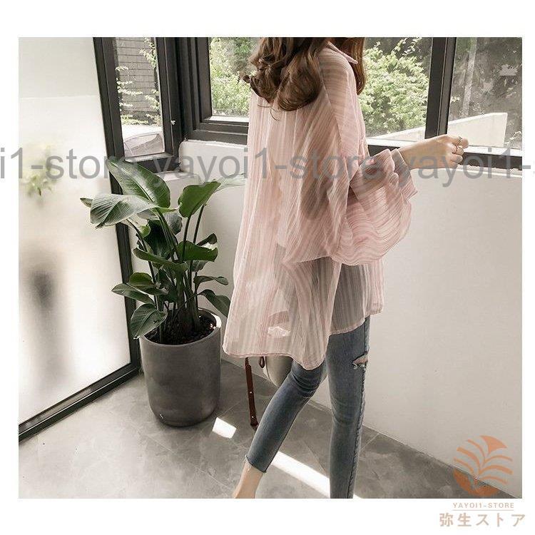 ブラウス シャツ レディース トップス 長袖 ストライプ 胸ポケット スタンドボタン ミディアム丈 ゆる ドルマンスリーブ シースルー 透け感 