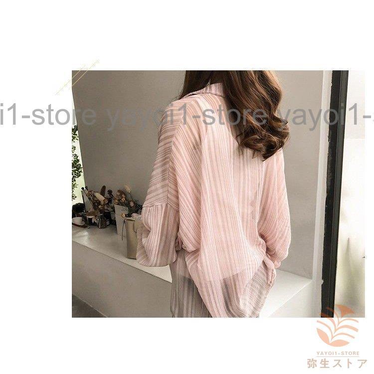 ブラウス シャツ レディース トップス 長袖 ストライプ 胸ポケット スタンドボタン ミディアム丈 ゆる ドルマンスリーブ シースルー 透け感 