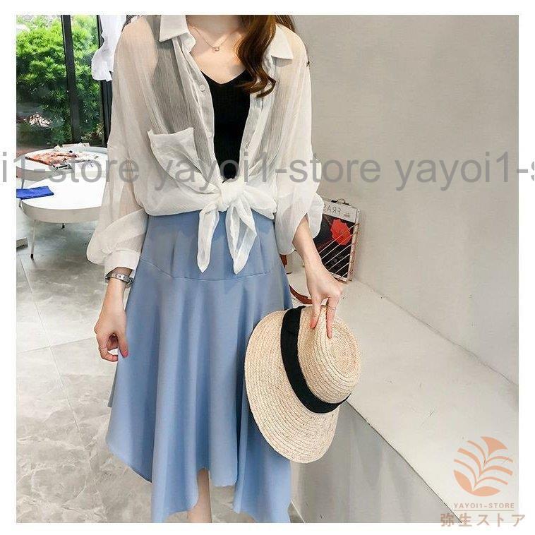 ブラウス シャツ レディース トップス 長袖 ストライプ 胸ポケット スタンドボタン ミディアム丈 ゆる ドルマンスリーブ シースルー 透け感 