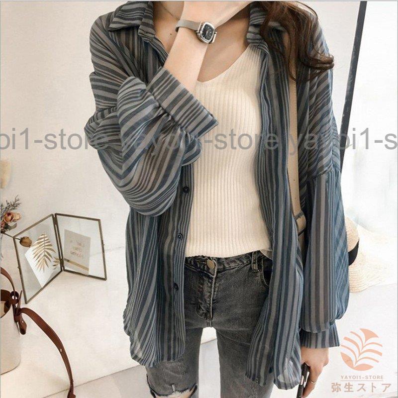 ブラウス シャツ レディース トップス 長袖 ストライプ 胸ポケット スタンドボタン ミディアム丈 ゆる ドルマンスリーブ シースルー 透け感 