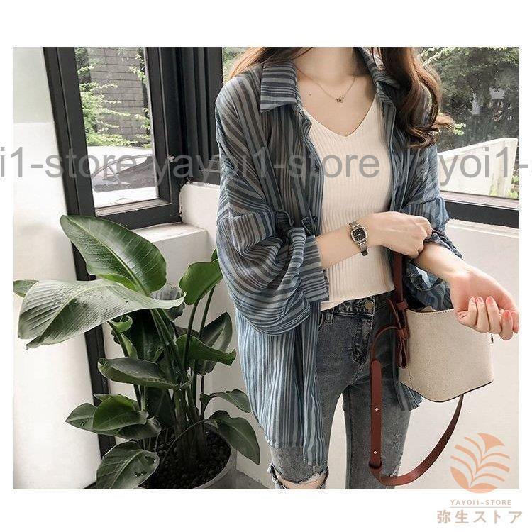 ブラウス シャツ レディース トップス 長袖 ストライプ 胸ポケット スタンドボタン ミディアム丈 ゆる ドルマンスリーブ シースルー 透け感 