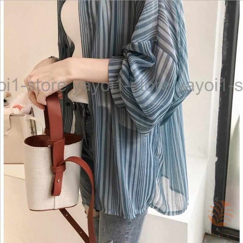 ブラウス シャツ レディース トップス 長袖 ストライプ 胸ポケット スタンドボタン ミディアム丈 ゆる ドルマンスリーブ シースルー 透け感 