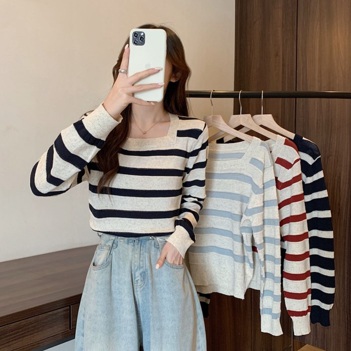 長袖ニット ボーダー レディース スクエアネック 配色 トップス ストライプ セーター 体型カバー プルオーバー ドルマン ニット 長袖 薄手 