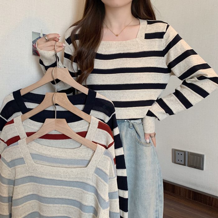 長袖ニット ボーダー レディース スクエアネック 配色 トップス ストライプ セーター 体型カバー プルオーバー ドルマン ニット 長袖 薄手 