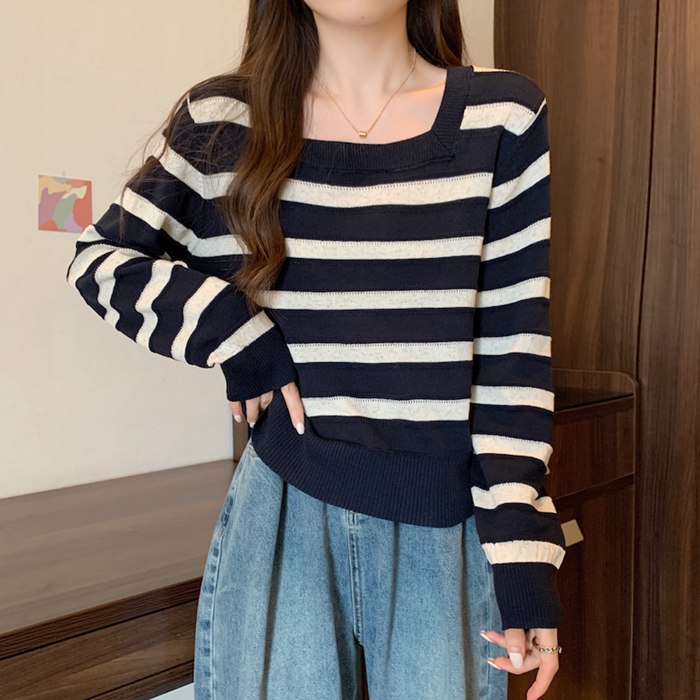 長袖ニット ボーダー レディース スクエアネック 配色 トップス ストライプ セーター 体型カバー プルオーバー ドルマン ニット 長袖 薄手 