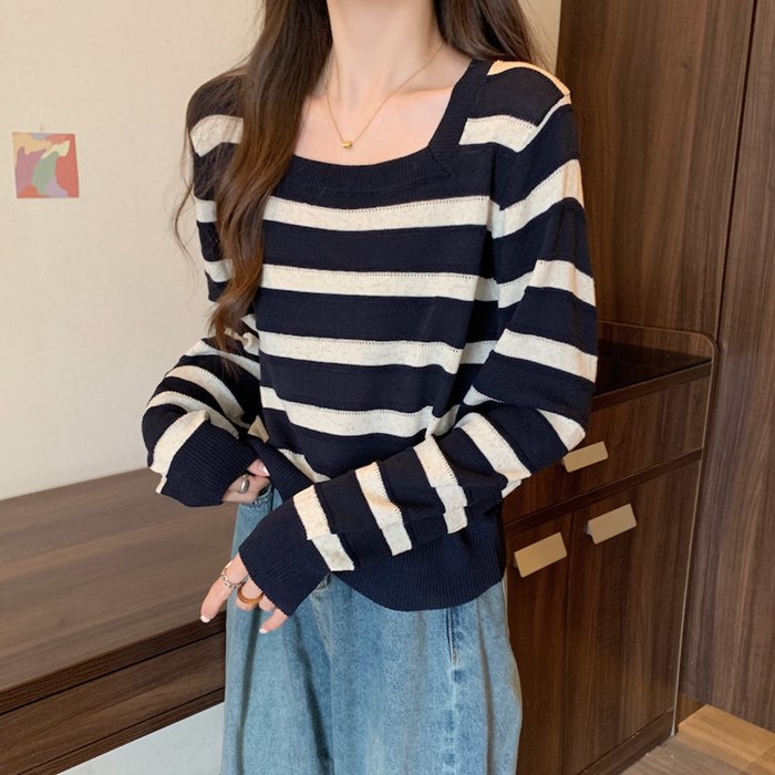 長袖ニット ボーダー レディース スクエアネック 配色 トップス ストライプ セーター 体型カバー プルオーバー ドルマン ニット 長袖 薄手 