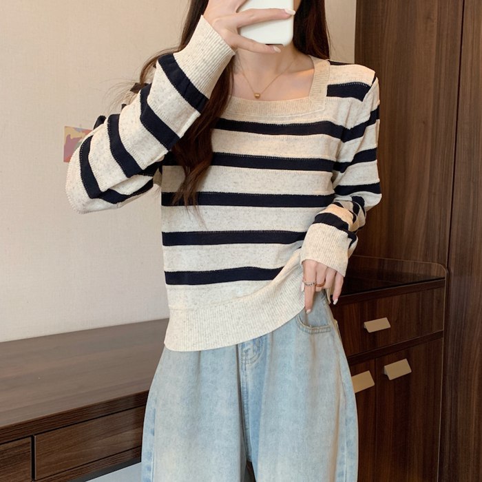 長袖ニット ボーダー レディース スクエアネック 配色 トップス ストライプ セーター 体型カバー プルオーバー ドルマン ニット 長袖 薄手 