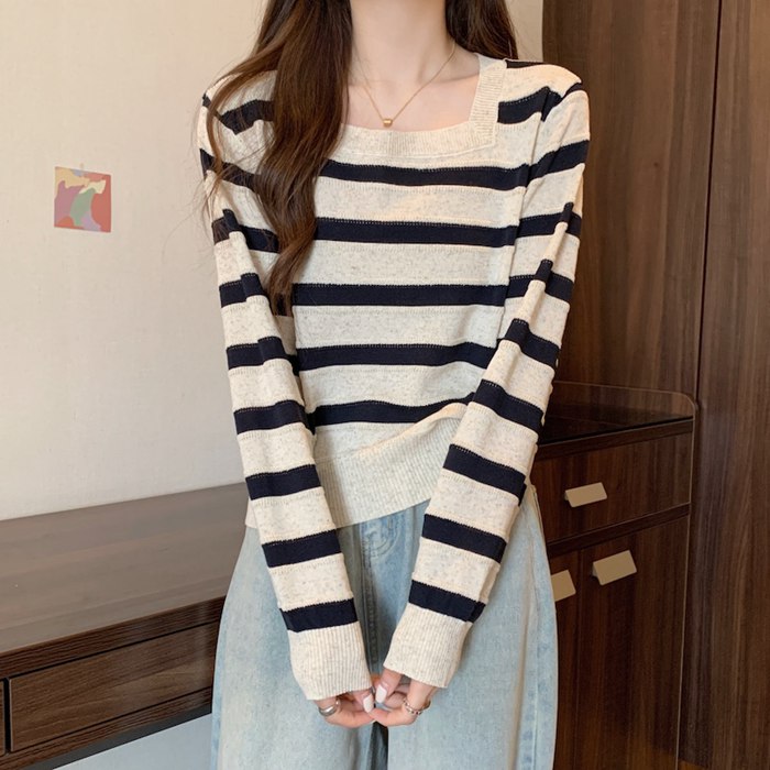 長袖ニット ボーダー レディース スクエアネック 配色 トップス ストライプ セーター 体型カバー プルオーバー ドルマン ニット 長袖 薄手 