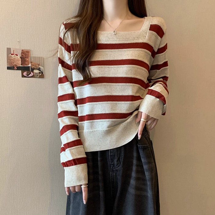 長袖ニット ボーダー レディース スクエアネック 配色 トップス ストライプ セーター 体型カバー プルオーバー ドルマン ニット 長袖 薄手 