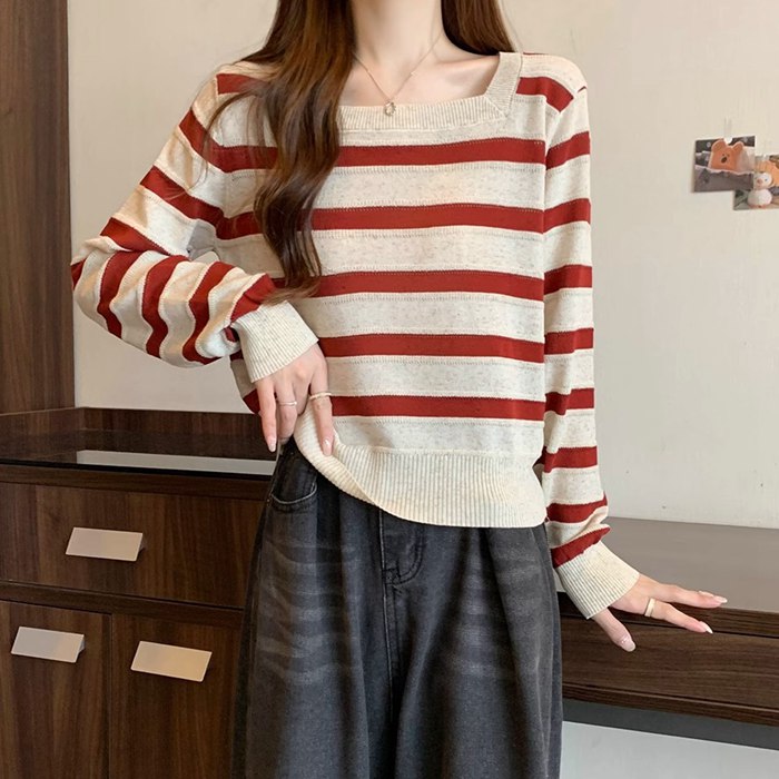 長袖ニット ボーダー レディース スクエアネック 配色 トップス ストライプ セーター 体型カバー プルオーバー ドルマン ニット 長袖 薄手 