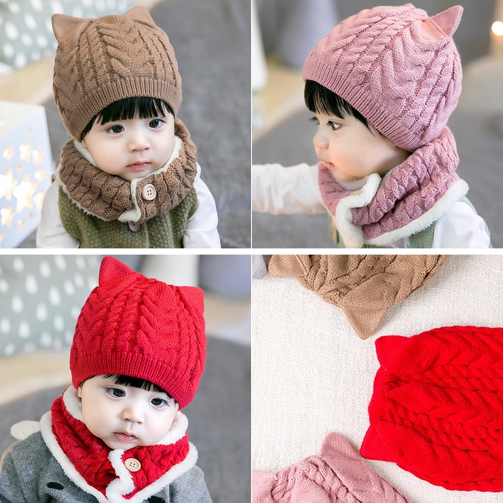 キッズ ベビーニット帽 ネックウォーマー 2点セット猫耳 女の子 男の子 かわいい ブラウン マフラー ピンク 保温 。 赤ちゃん レッド 帽子 おすすめ 防寒 