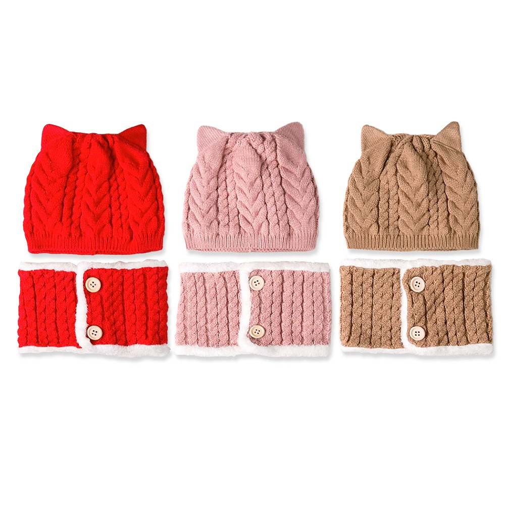 キッズ ベビーニット帽 ネックウォーマー 2点セット猫耳 女の子 男の子 かわいい ブラウン マフラー ピンク 保温 。 赤ちゃん レッド 帽子 おすすめ 防寒 