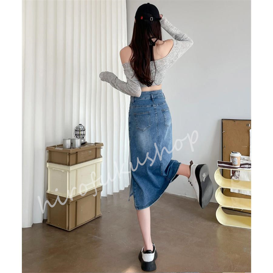 デニムスカート レディース タイトスカート マキシ丈スカート ハイウエスト 大きいサイズ おしゃれ 美脚 春秋 お洒落 ボスリット入り 着痩せ 