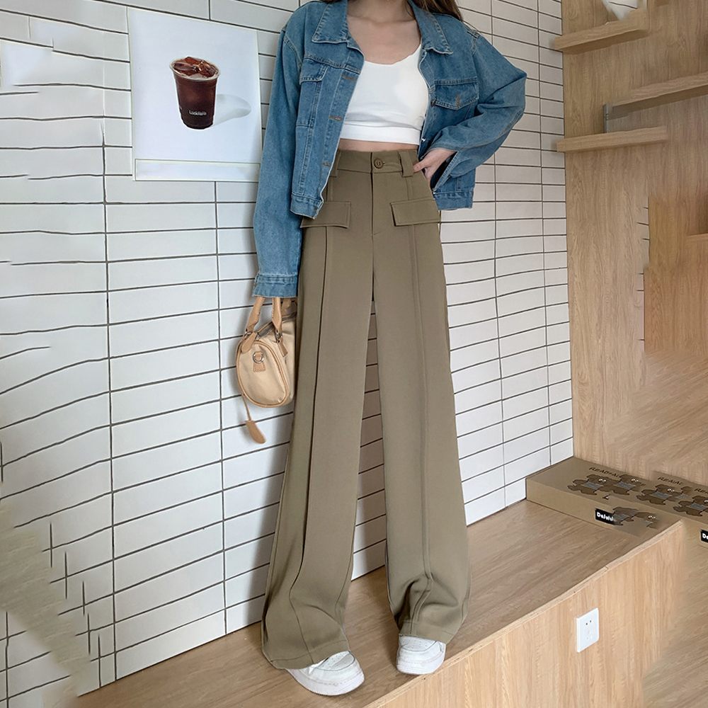 ワイドパンツ ハイウエストスラックス脚長 。可  