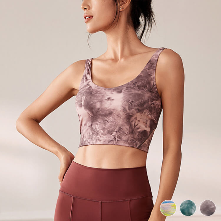 ヨガウェア タンクトップ ホットヨガ ブラ スポーツブラ 柄 インナー フィットネス Uネック 長め 体系カバー おしゃれ ノースリーブ トップス 
