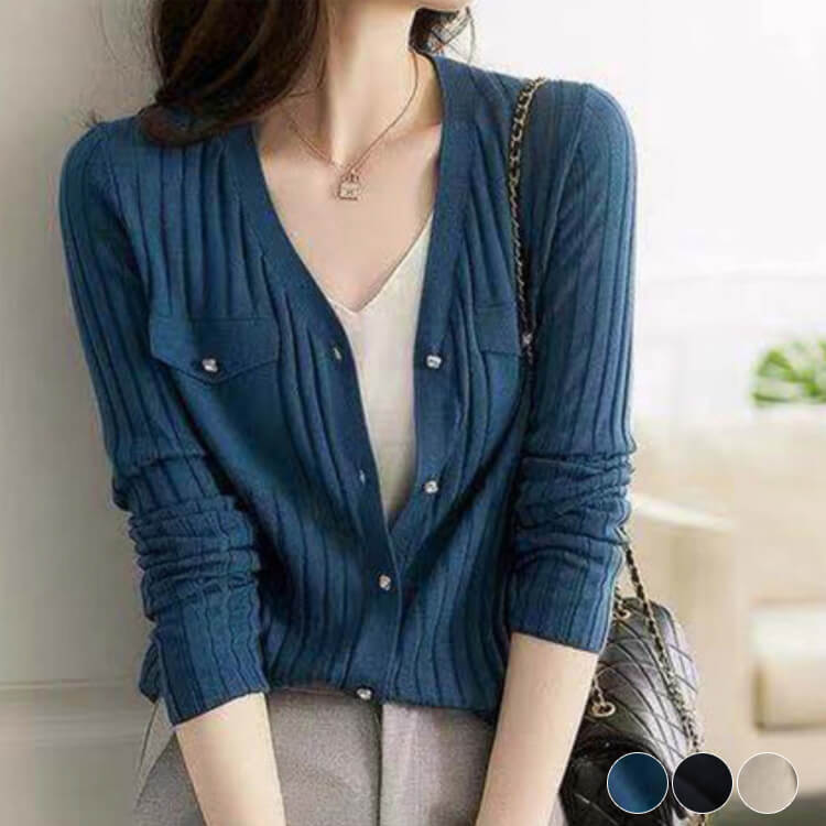 カーディガン レディース 韓国 ニット リブ Vネック レトロ エレニットカーディガン 春 無地 ポケット 長袖 ブルー 秋 ＯＬ オフィス 