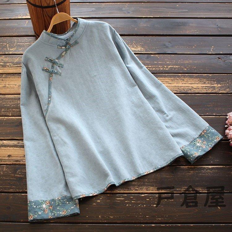 シャツ ブラウス レディース 春秋 きれいめ 2021 トップス 花柄立ち襟 チャイナシャツ 長袖 綿麻 