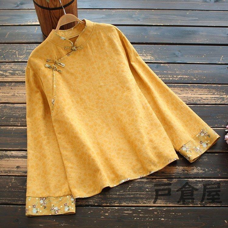 シャツ ブラウス レディース 春秋 きれいめ 2021 トップス 花柄立ち襟 チャイナシャツ 長袖 綿麻 